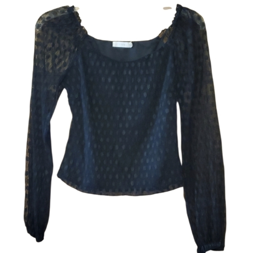 Lush Black Sheer Sleeve Polka Dot Blouse Size Medium‎